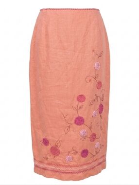 Muse 100% Linen Size 6 Coral Color 3D Flower Floral Beaded Boho Long Skirt READ